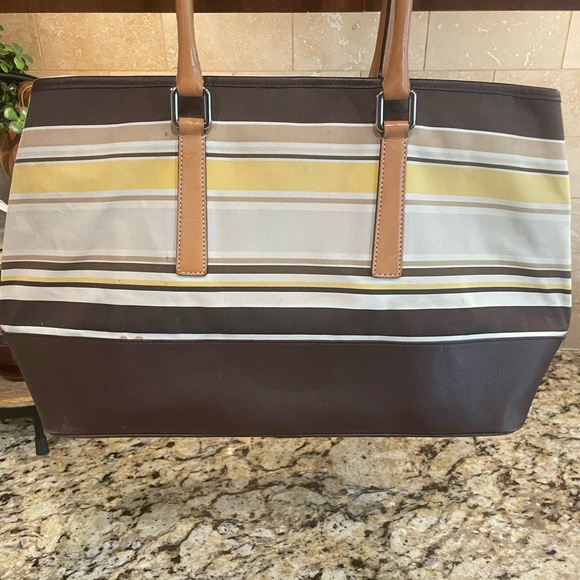 Coach Leather Canvas Striped Brown Yellow & Tan Satchel Bag - Picture 2 of 9